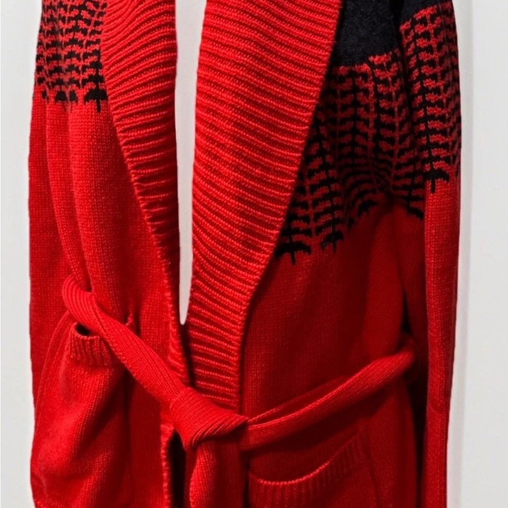ERIC BOMPARD Women Large Red Navy Pattern Cashmere Wool Knit Cardigan Vest Belt